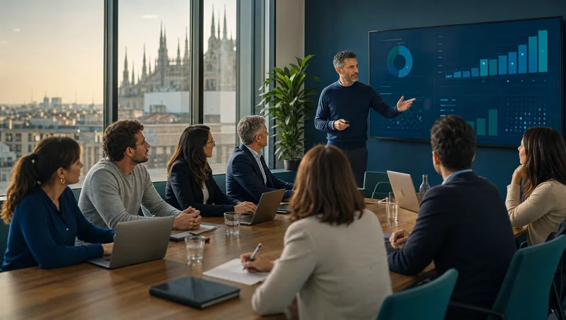 Formatore presenta una dashboard AI a un gruppo di professionisti in una sala corsi con vista sul Duomo di Milano